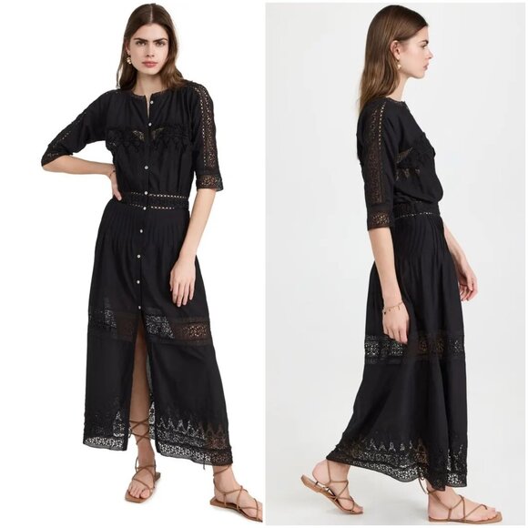 LoveShackFancy Beth Maxi Dress black size L large black cotton sheer voile shirt - Picture 3 of 16